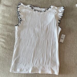 LOFT White Top with Black Ruffle Trim